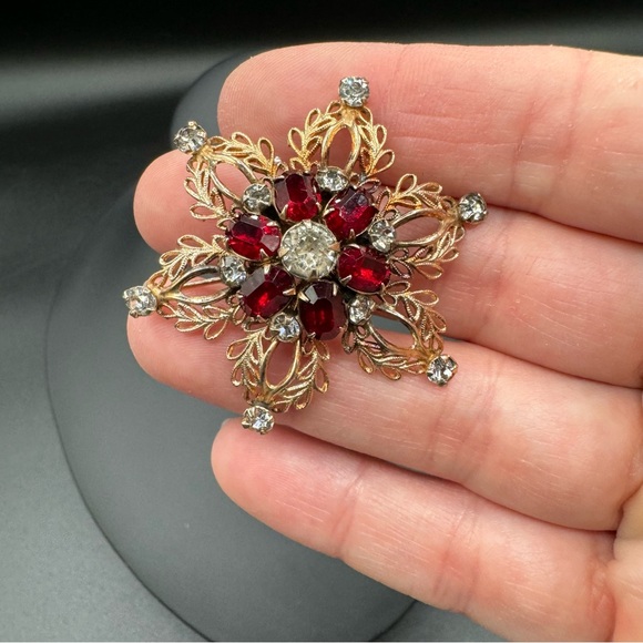 Vintage 1940 Signed Scitarelli Ruby Rhinestone Filigree Snowflake Pendant Brooch - Picture 13 of 13